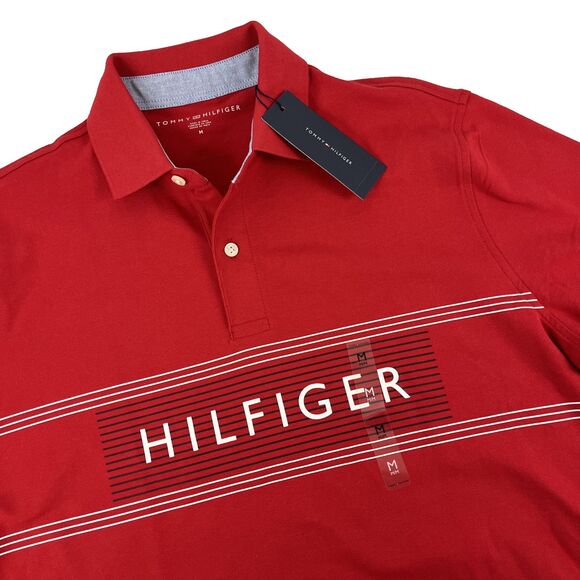 New Mens Tommy Hilfiger Short Sleeve Polo Shirt Size Medium Red Spellout NWT - Picture 1 of 8